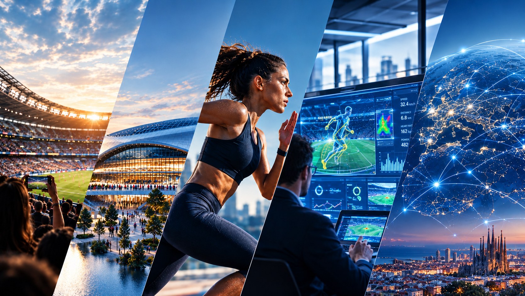 Stadium at sunset, a modern arena, an athlete sprinting, a sports analytics dashboard and a network of connections across Europe above Barcelona